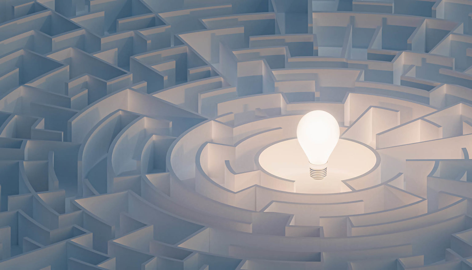 Circular maze or labyrinth with light bulb in its center. Puzzle, riddle, intelligence, thinking, solution, IQ concepts. 3d render illustration for ceo coaching.